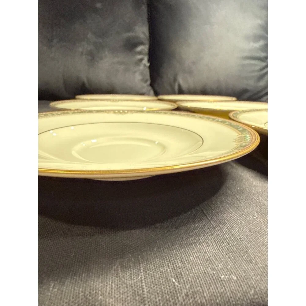 Set Of 6 Noritake Bone China Covina 9791 Saucers With Gold & Green Trim Vintage - Picture 4 of 13